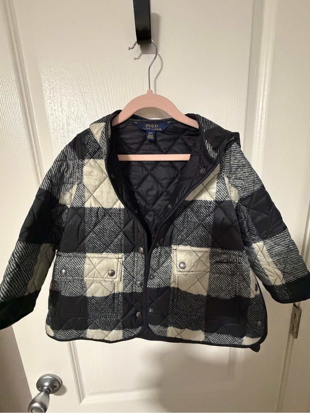 Polo by Ralph Lauren Black and Cream Quilted Plaid Hooded Puffer Jacket